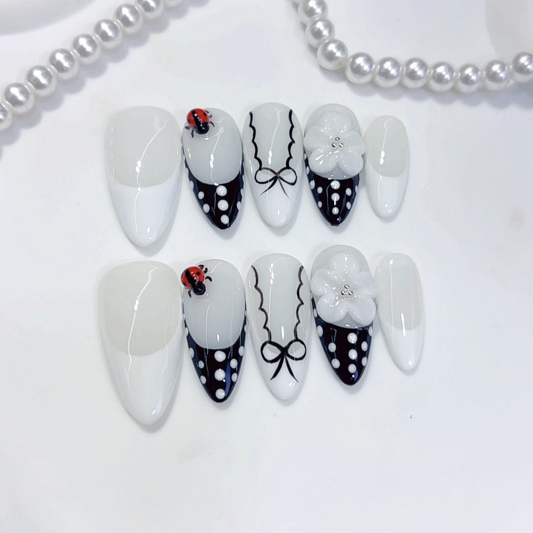Ladybug Elegance: "Monochrome Floral" – Almond Press-On Nails