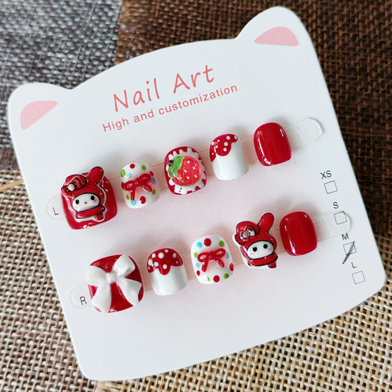 365Nails: "Strawberry Melody Fest" – Handmade Cute Short Square Press On Nails With My Melody & Strawberry Design