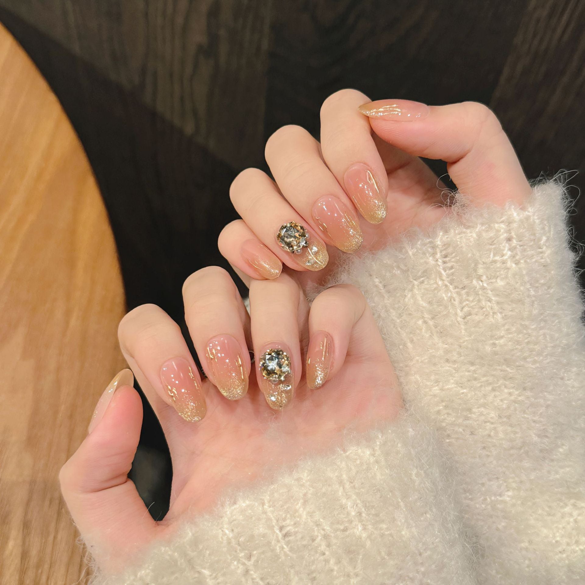 365nails: "Champagne Rose" – 3D Crystal & Cat Eye Handmade Almond Nails