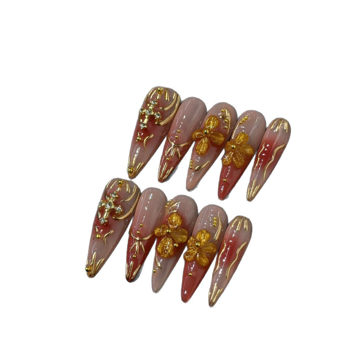 365nails — Nectar doré : ongles press-on fait main, forme stiletto avec nid d'abeille 3D et cristaux
