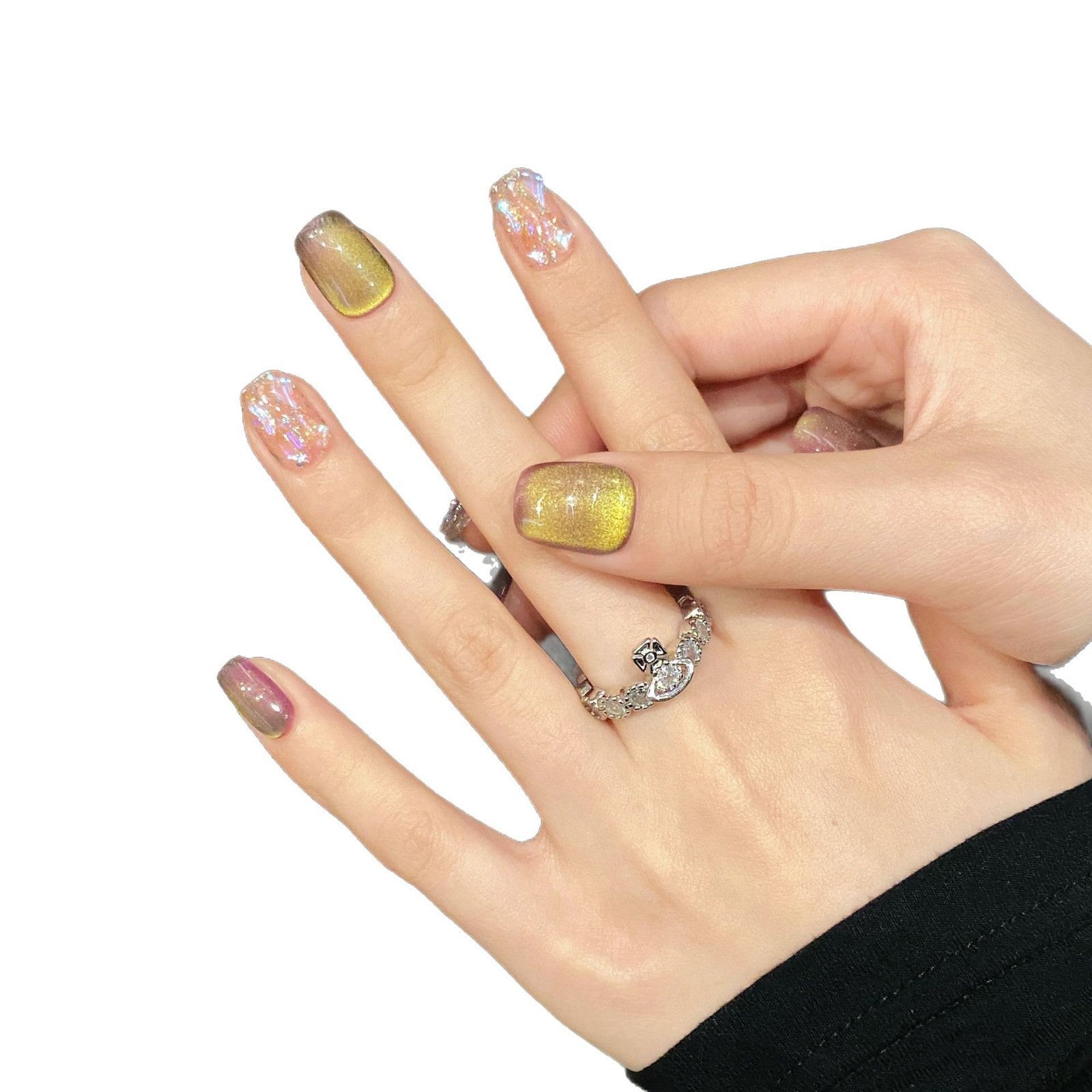 365nails: "호박빛 황혼" – 오로라 캣아이 & 쉘 아트 수제 스퀘어형 네일