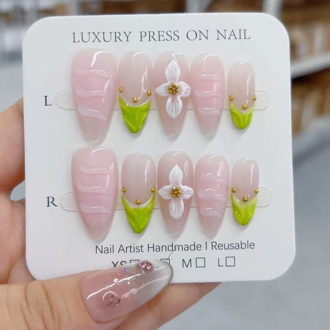 365nails - 百合優雅：粉色百合葉 — 杏仁形 手工製 立體雕刻 穿戴甲