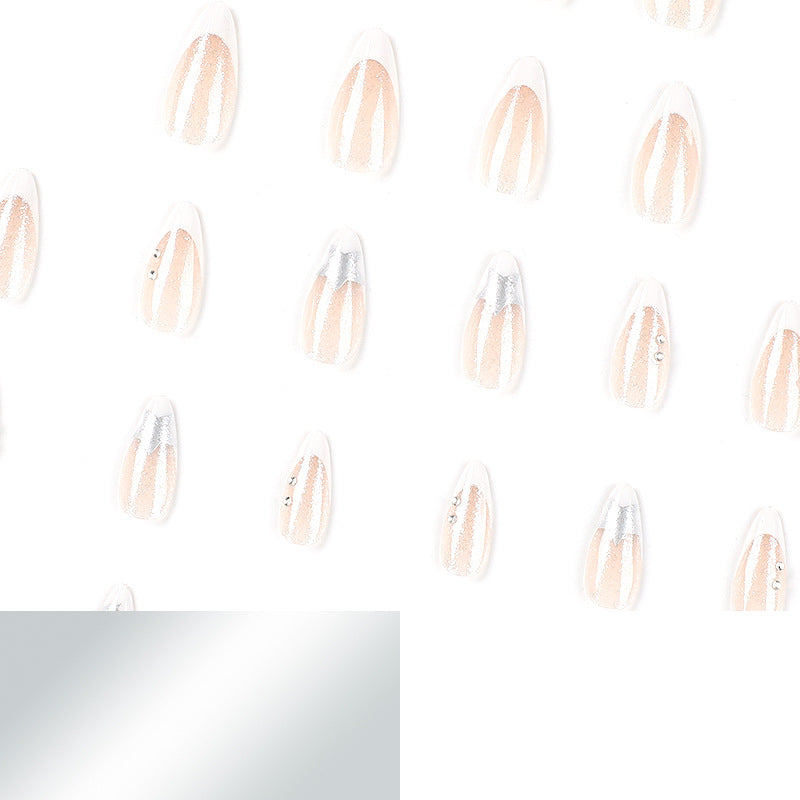 Peça de arte de unha finalizada em branco, pentagrama francês prateado, peça de unha com strass branco, unha removível avançada finalizada｜365nails