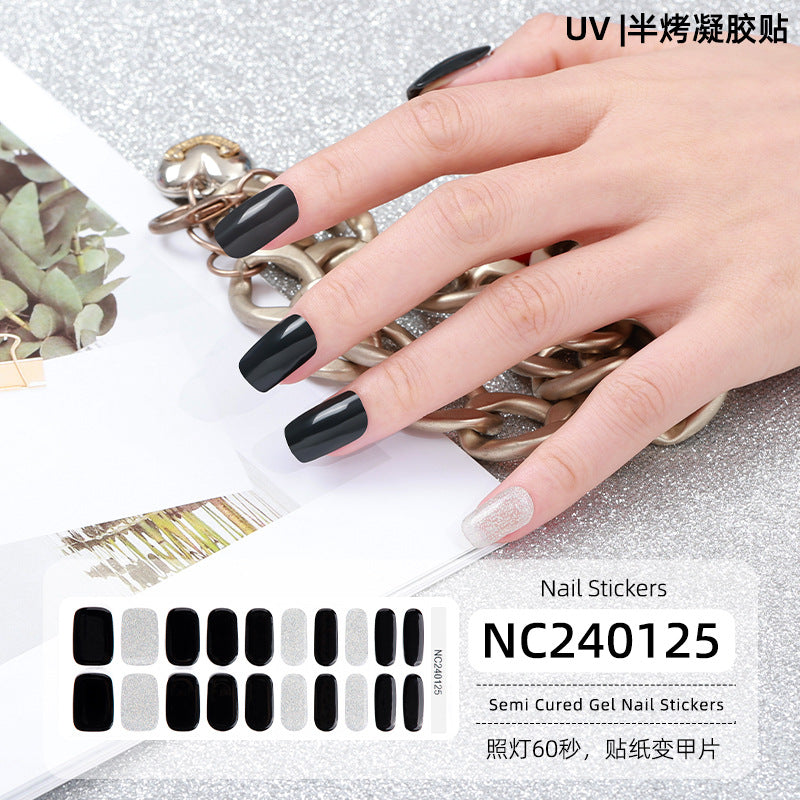 Semi-Cured Gel Nail Strips French Glitter Pink Sparkle Glossy Set (MOQ=3)