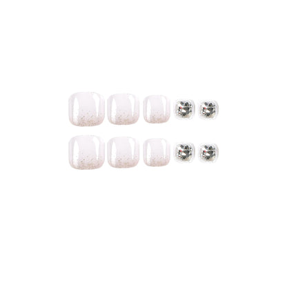 Nail piece Finished short white foot nail piece Wearable manicure patch Glitter rhinestone wearable nail piece Summer｜365nails