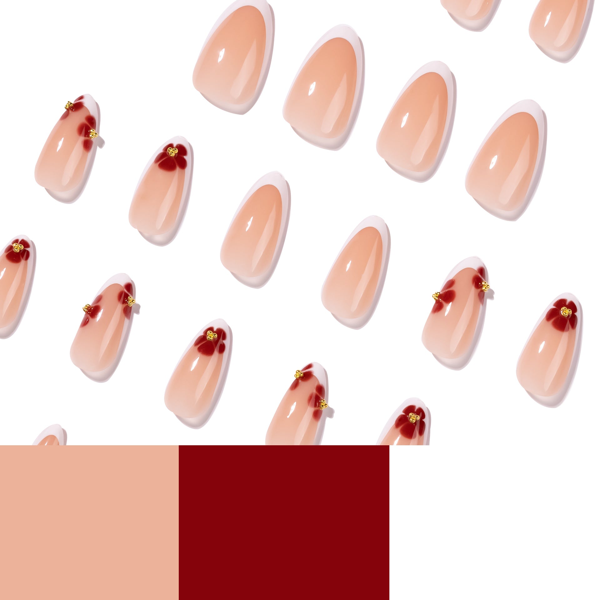365nails: "Red Floral French Oval" – Romantic Press-on Nails