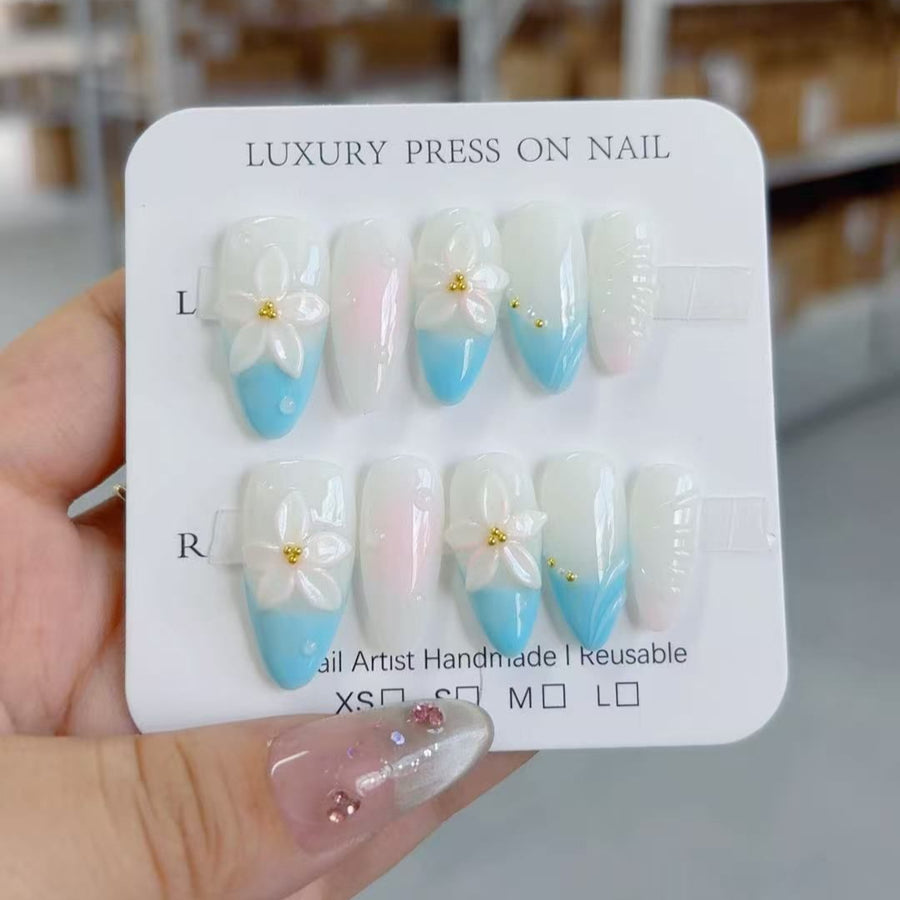 365nails-Ocean Lily: "Blue Floral" – Almond Shape Handmade 3D Carved Press-On Nails
