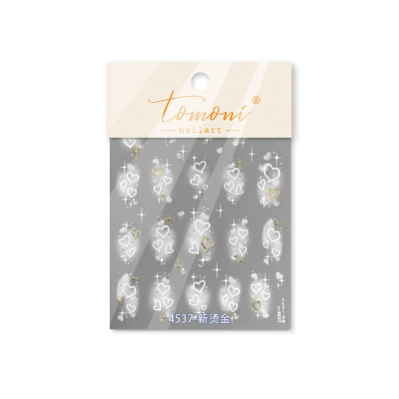White & Gold Heart Nail Stickers – 5D Embossed Minimalist Elegance Set