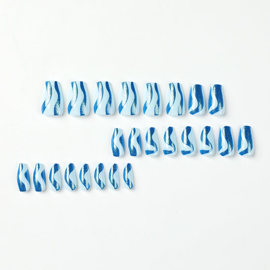Wear nail short ballet blue glitter wave nail patch Wear nail wholesale Wear nail advanced nails｜365nails