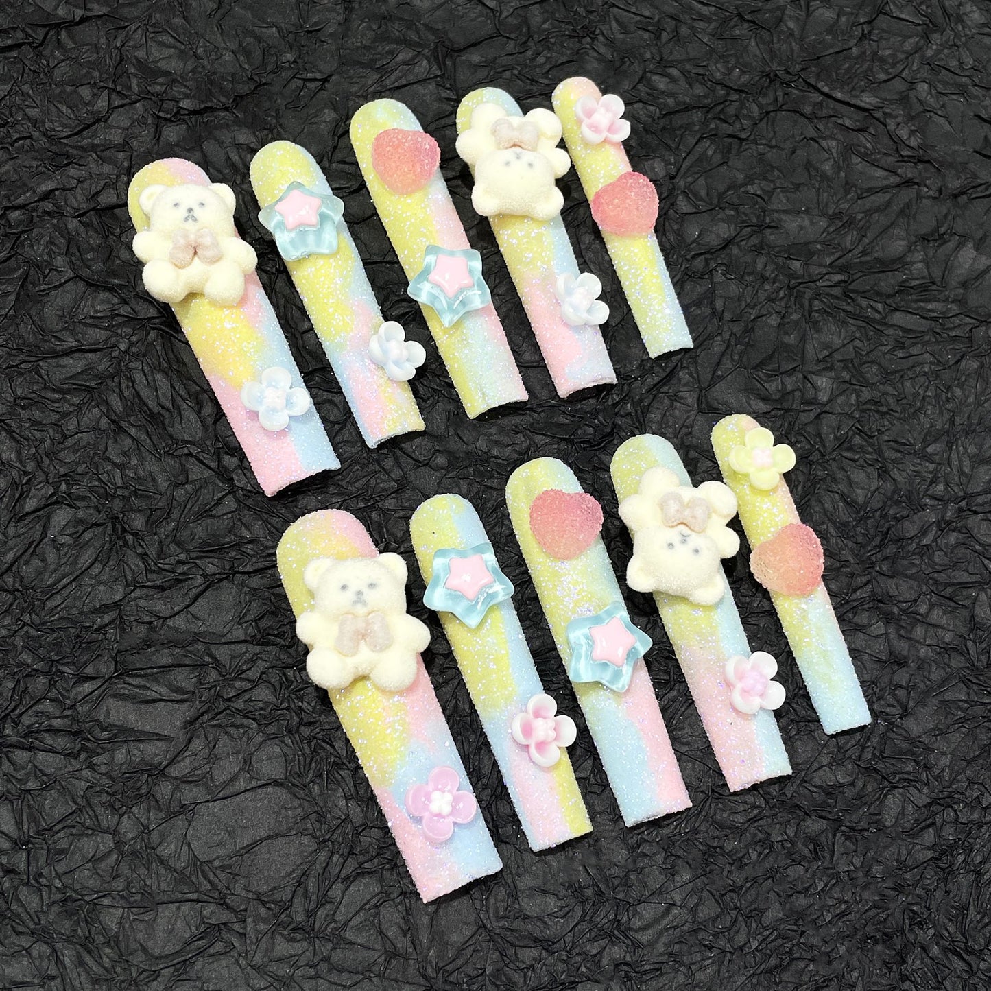 Super long water pipe nail Macaron flocking bear cute Handmade press on nails wholesale  sticker｜365nails