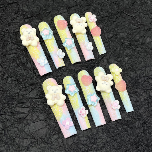 Super long water pipe nail Macaron flocking bear cute Handmade press on nails wholesale  sticker｜365nails