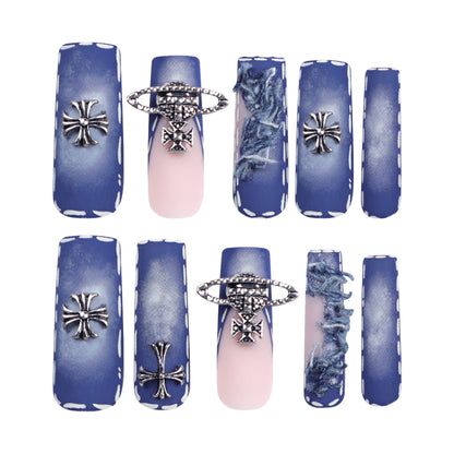 Ripped denim blue press-on nails cross fringed nail art French extra long removable nail piece finished product wholesale｜365nails