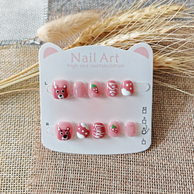 365nails-Strawberry Bear Kids Series: "Sweet Berry Forest" – Short Square Kids Nail Art