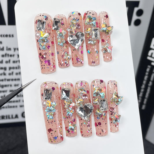Pinças de água médias e longas, nail art, flash transparente cheio de diamantes, feito à mão, adesivos｜365nails