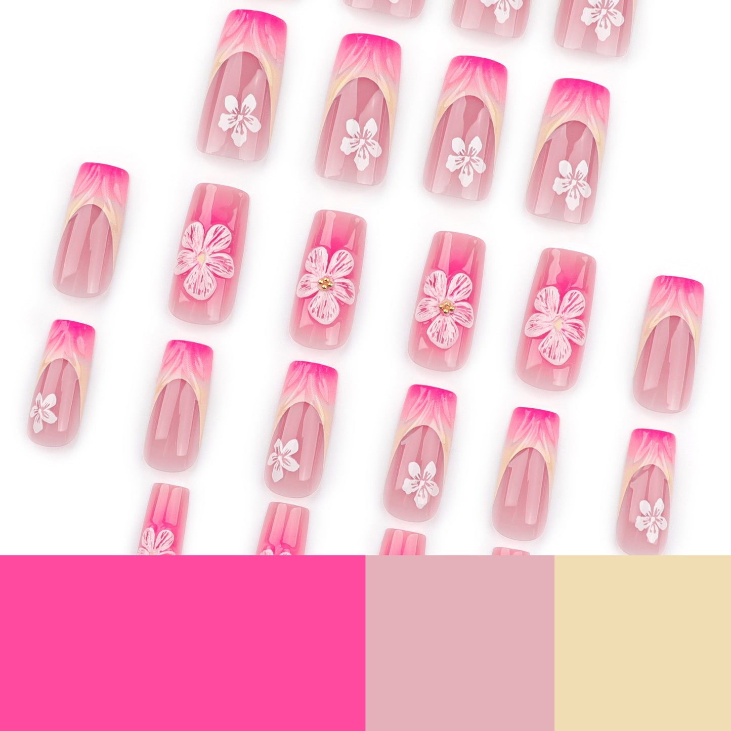 Manicure francesa 3D com mudança gradual, peça curta quadrada para unhas vestíveis, peça com acabamento em flor, atacado ｜365nails