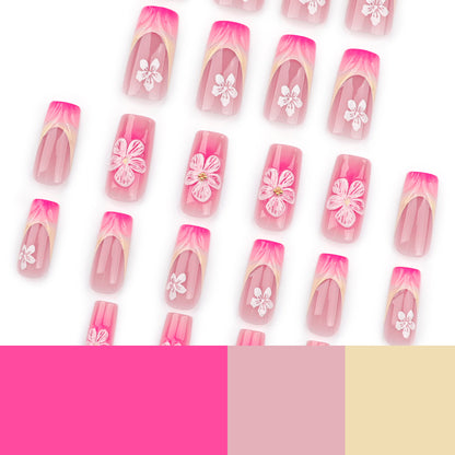 Manicure francesa 3D com mudança gradual, peça curta quadrada para unhas vestíveis, peça com acabamento em flor, atacado ｜365nails