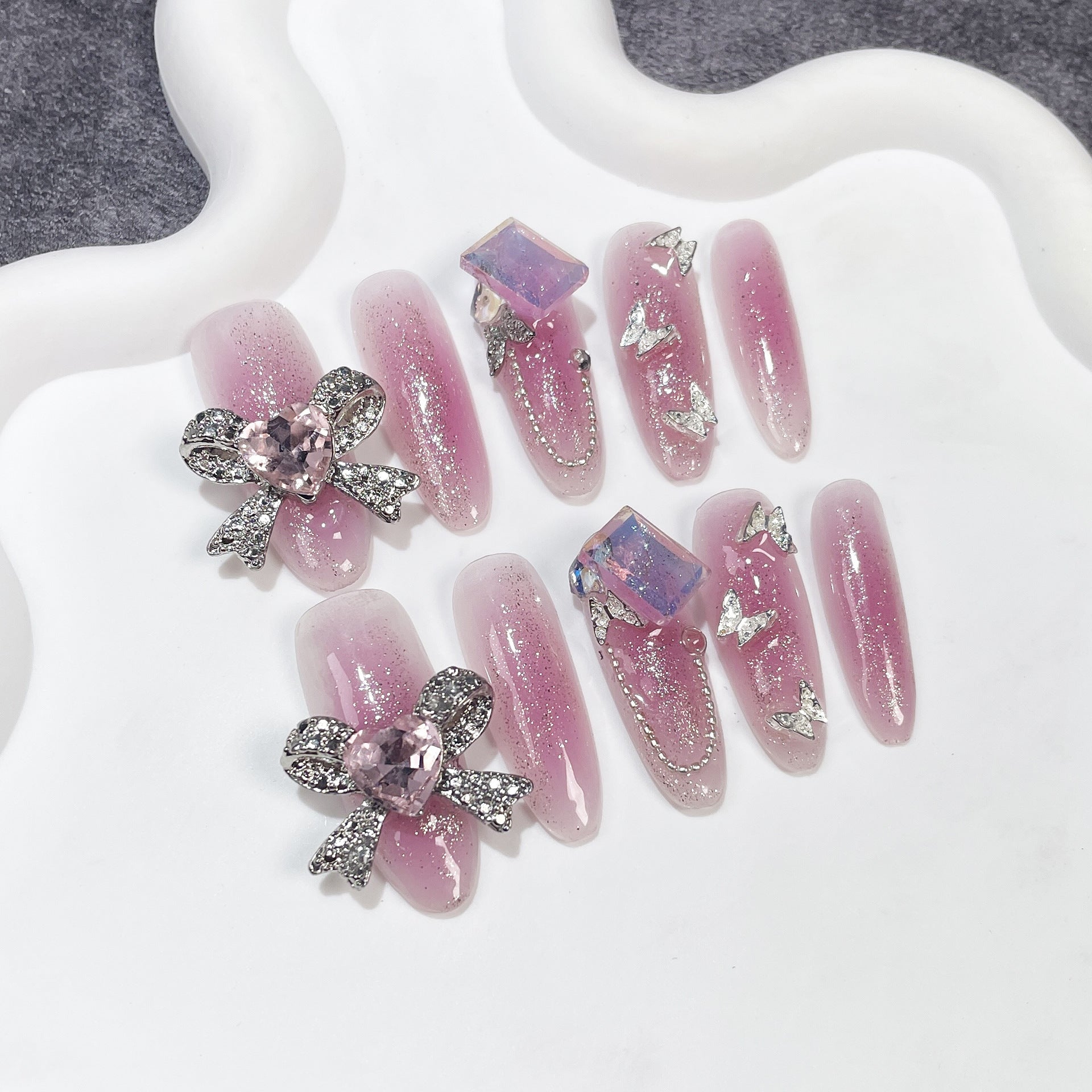 Uñas postizas hechas a mano, de metal, con forma de arco industrial, con pistola rociadora, rubor, cambio gradual, uñas medianas y largas, pegatinas para uñas usables | 365nails