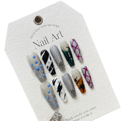 Black impermanence subculture flame hand-painted black and white cool  style handmade nails | 365nails