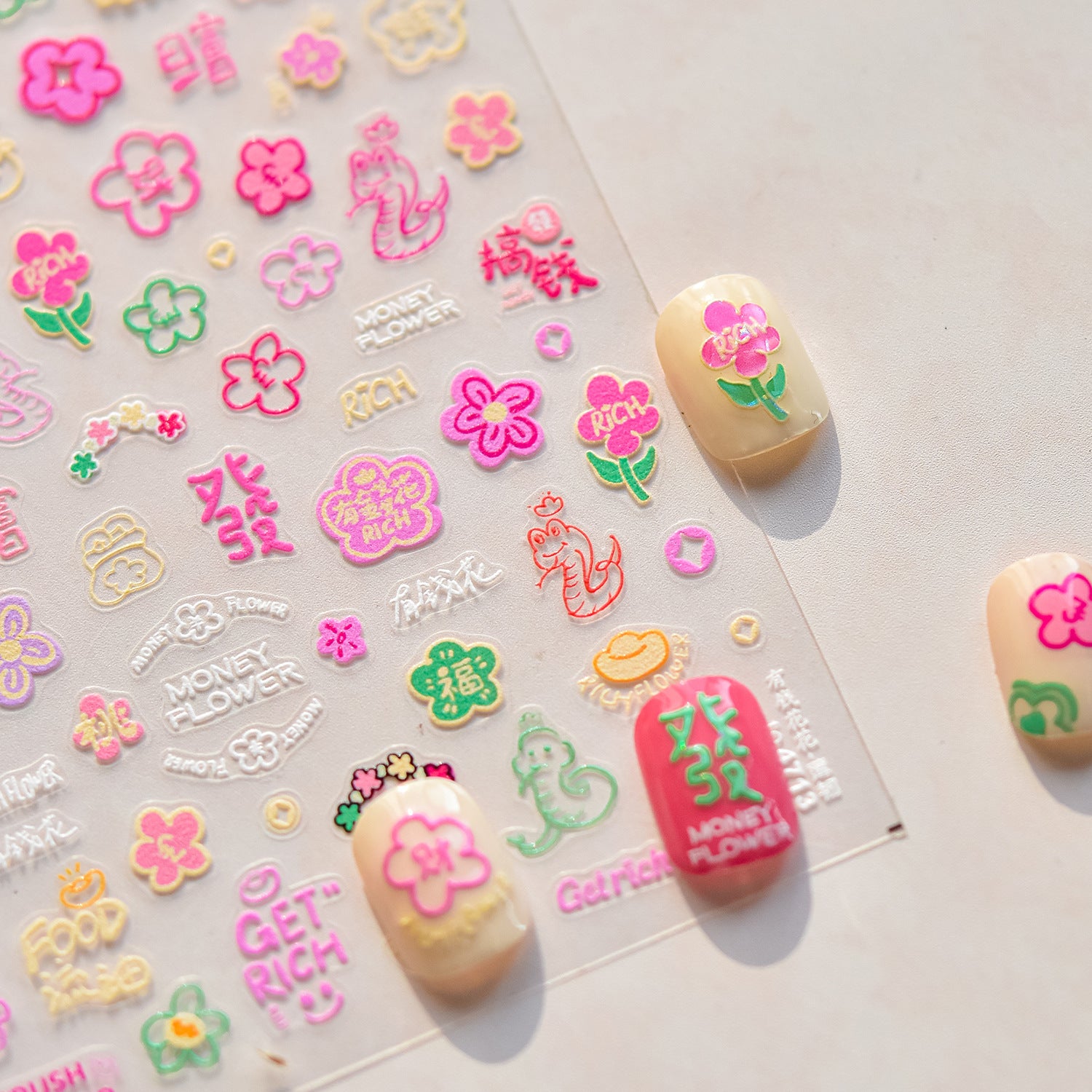 Conjunto de adesivos de unha Flor da Sorte e Bênção Chinesa – "Flor da Sorte Rosa"