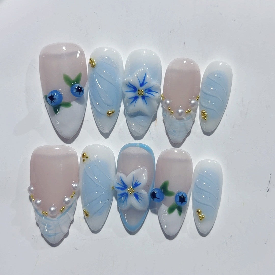 Blueberry Breeze: "Azure Berry Bloom" – Almond Press-On Nails