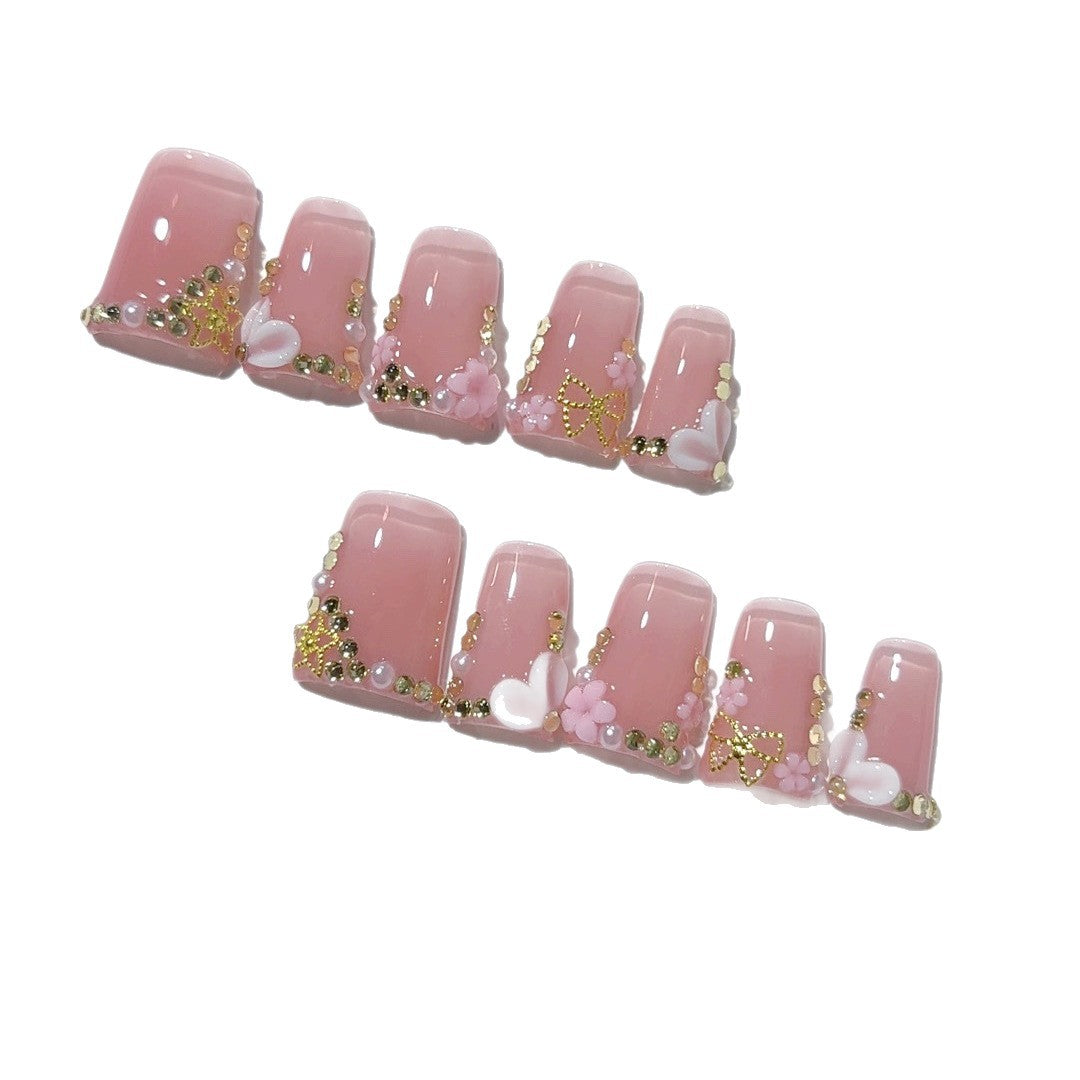 Luxe rose doux : "Cœur & Floral" – Ongles press-on forme carrée