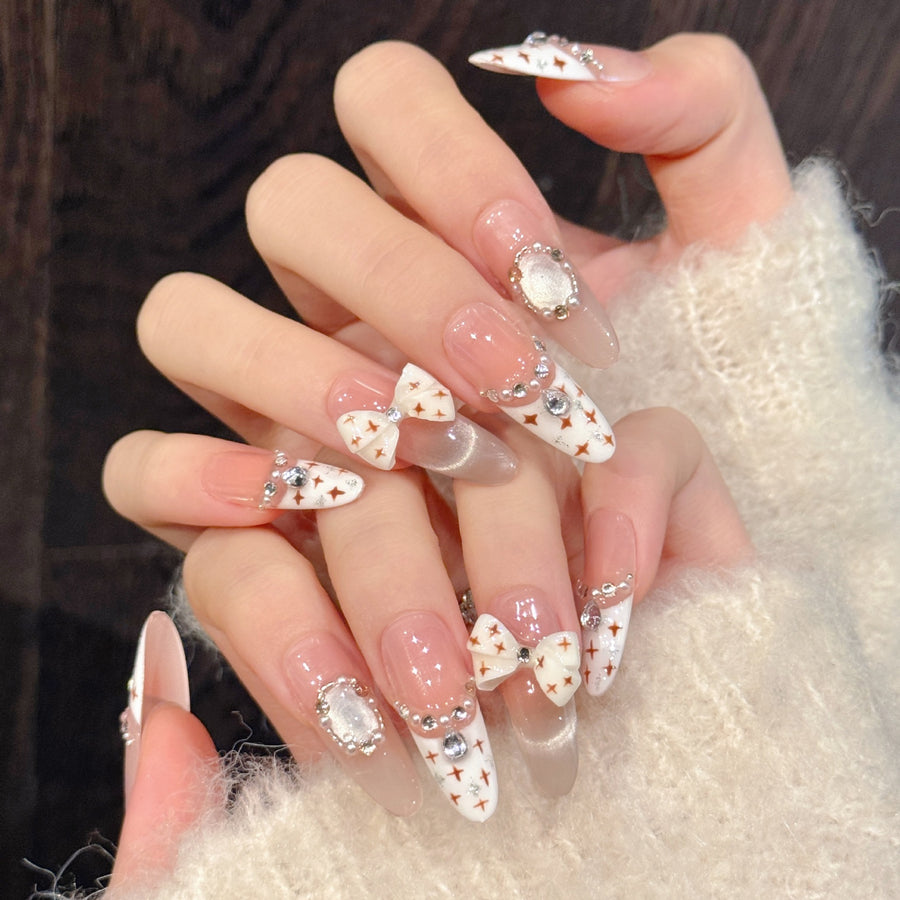 365nails: "Starlight Bow" – 3D Bow & Crystal Handmade Almond Nails