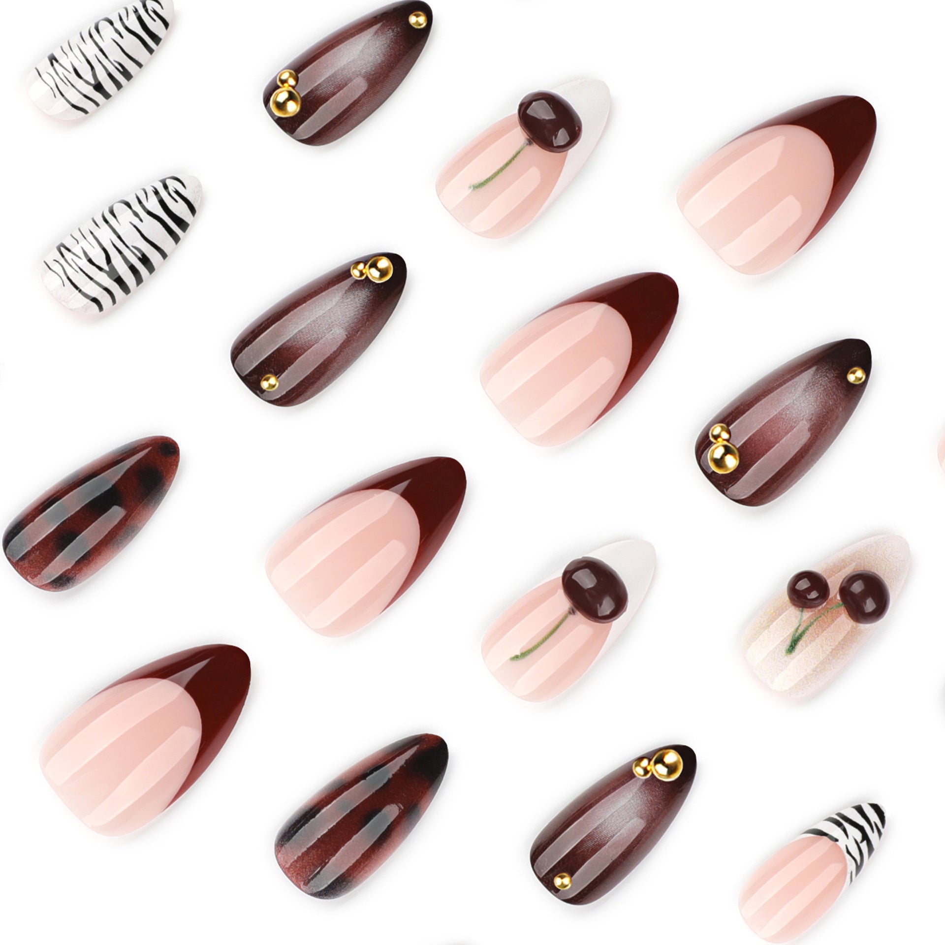 Black and white zebra print press-on nails with 3d cherry accents, french red manicure nail tips