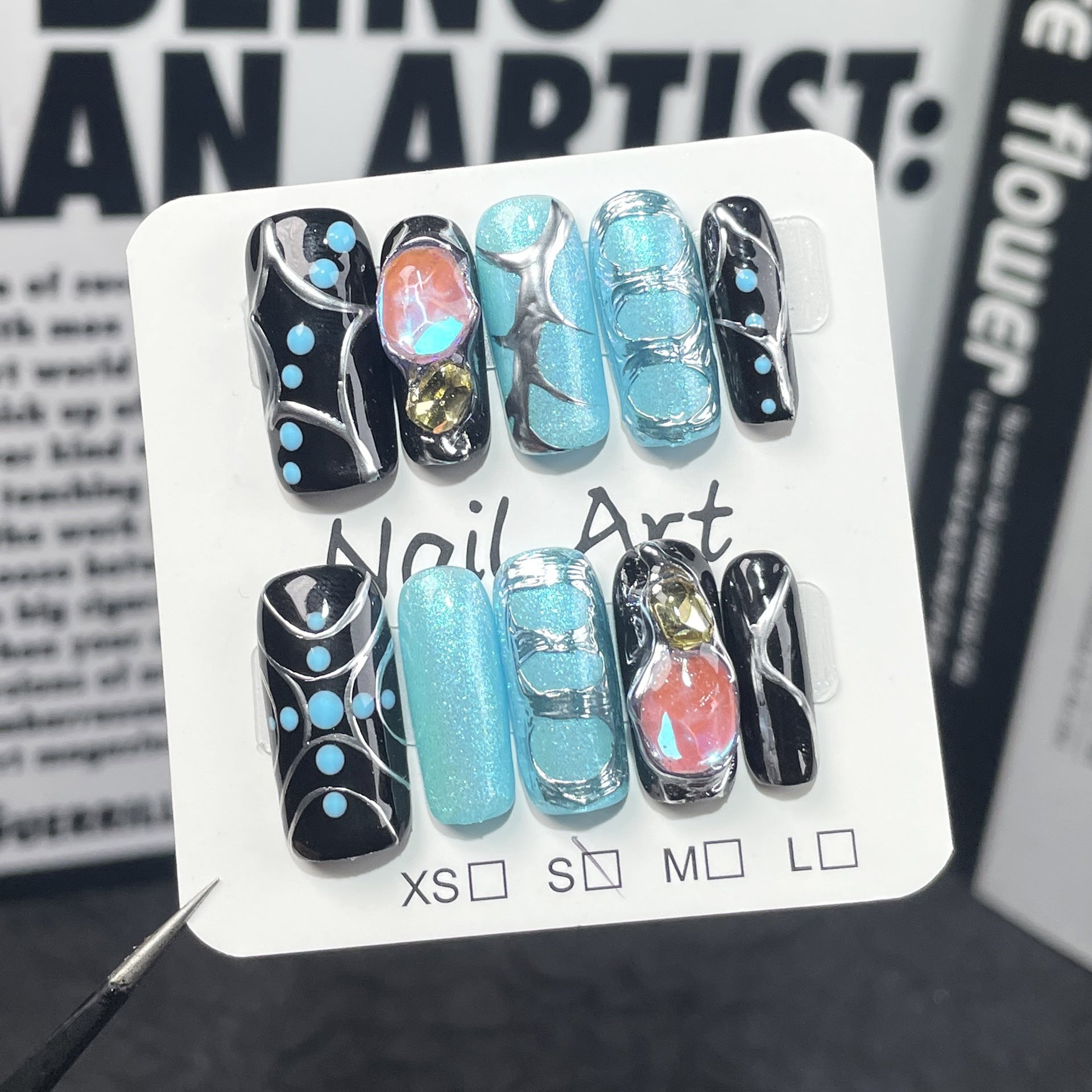 Hand-Painted Blue Nails with Sculpted Metallic Galaxy Accents