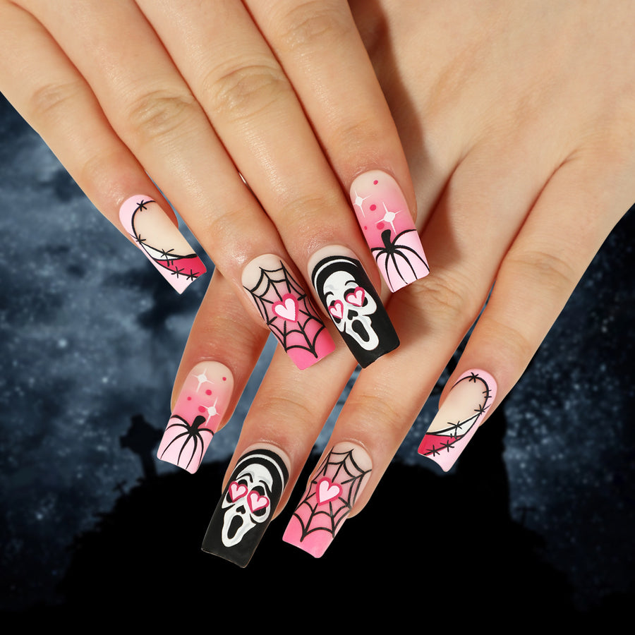 Pieza de uña para usar, uñas de Halloween, uñas postizas con diseño de calabaza, telaraña, esqueleto, color rosa, cambio gradual, uñas postizas | 365nails