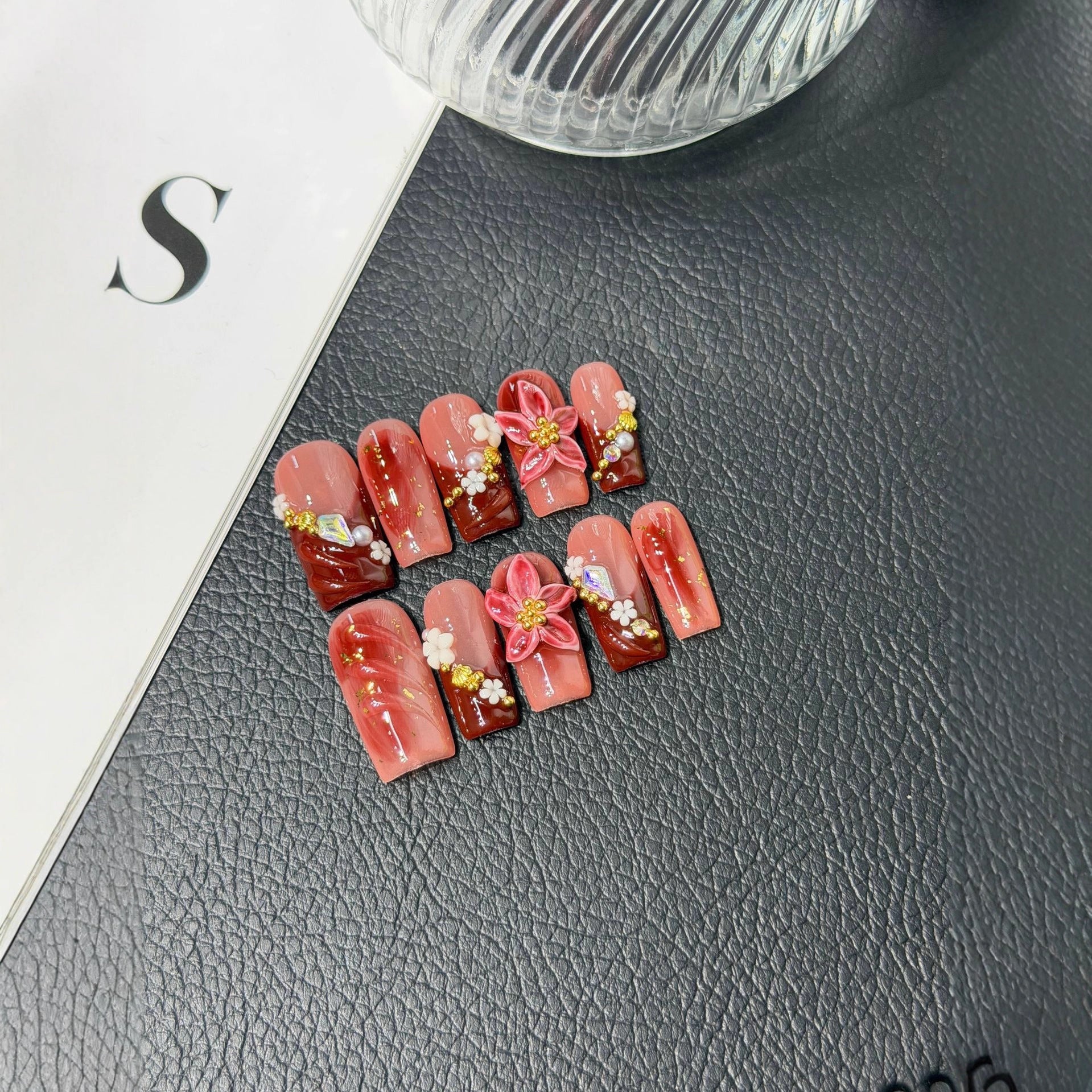 365nails: "Crimson Bloom" – 3D Floral & Glaze Handmade Press on Nails Almond Nails