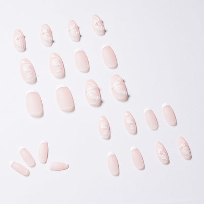 Pink Ballet Ribbon French Pearl Wearing Nail Finished Fake Nail Nail Patch Nail Patch Removable Nail Patch｜365nails