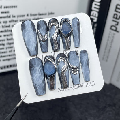 Light luxury heavy industry handmade press-on nails watercolor smudge advanced long nail art patch metal three-dimensional modeling fake nails｜365nails