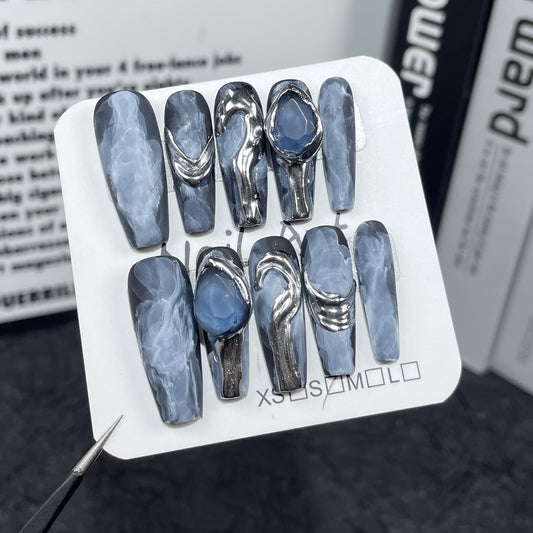 Light luxury heavy industry handmade press-on nails watercolor smudge advanced long nail art patch metal three-dimensional modeling fake nails｜365nails