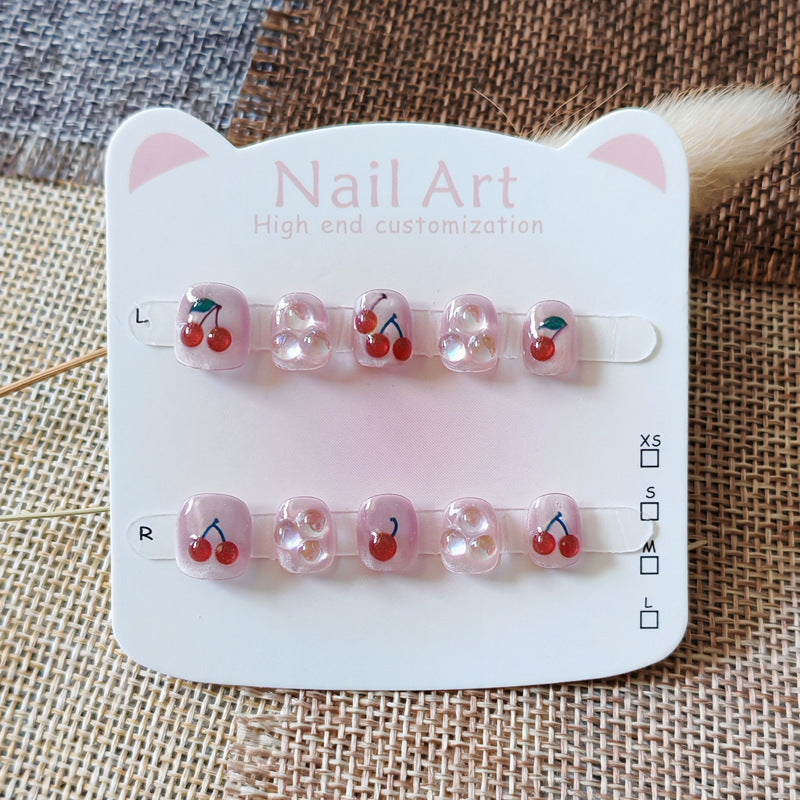 365nails: "juicy dewdrop cherry" – short round handmade kids press-on nails