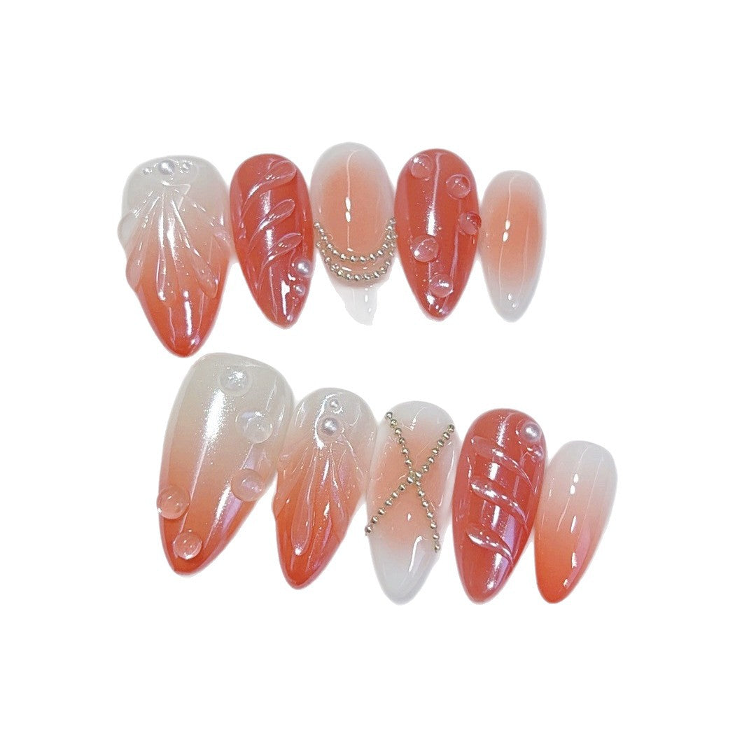 Amber Bloom : « Fleur orange dégradé » – Ongles press-on fait main forme amande