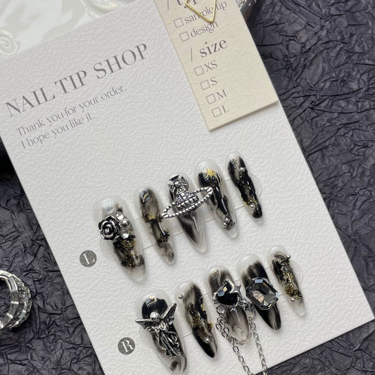 handmade press on nails Dark Sweet Cool Heavy Metal Feeling  Spice Girls Black Retro Rose Removable Nail Art | 365nails