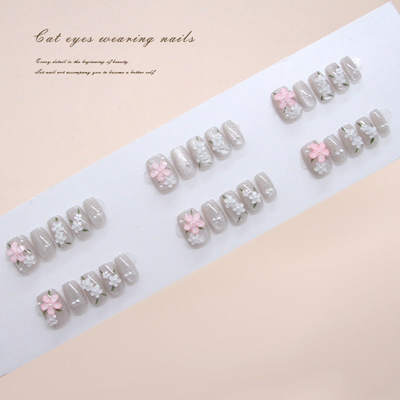 Nail Tips  prefabricated nail gentle ice waxy spring flower cat eye pearl  ins wind removable press on nails 30 pieces｜365nails