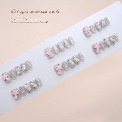 Nail Tips  prefabricated nail gentle ice waxy spring flower cat eye pearl  ins wind removable press on nails 30 pieces｜365nails