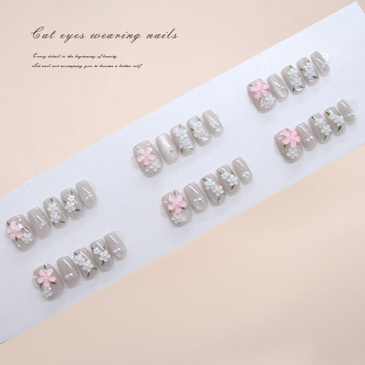 Nail Tips  prefabricated nail gentle ice waxy spring flower cat eye pearl  ins wind removable press on nails 30 pieces｜365nails