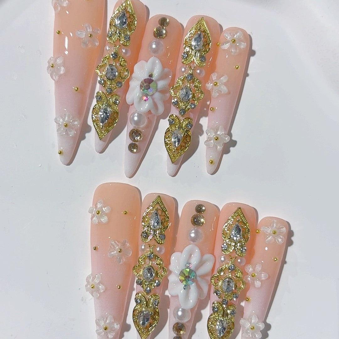 粉金花卉水晶奢華穿戴甲組