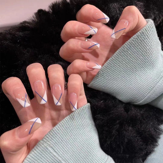 Oblique French white nude press on nails medium and long square manicure nail piece removable fake nail piece wholesale｜365nails