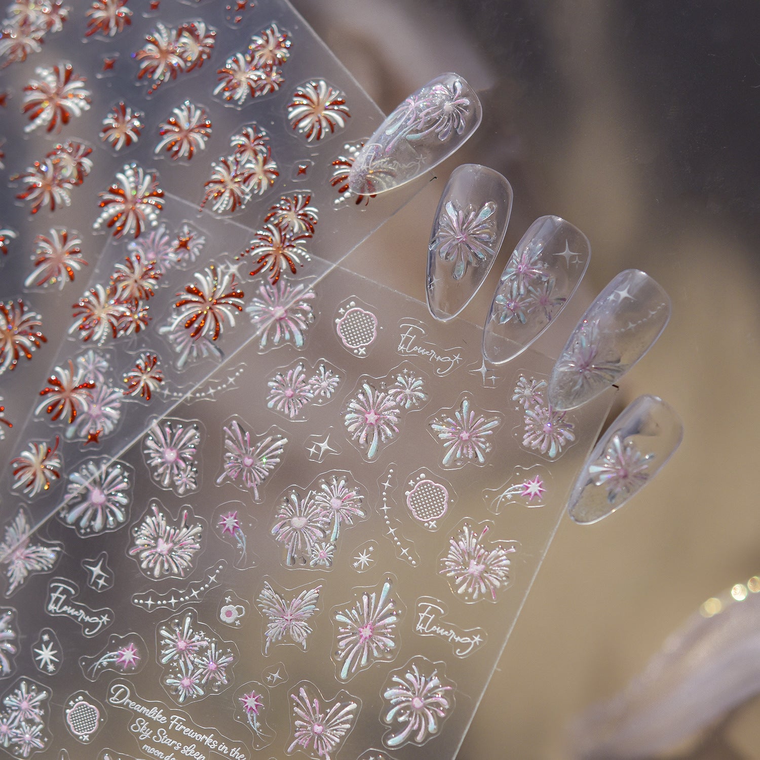 Holographic Firework Nail Stickers – 3D Embossed Red & Pink Celebration Set