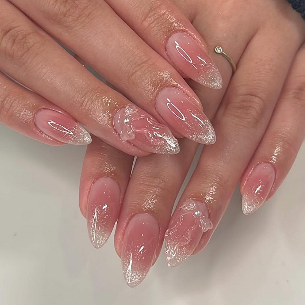 Fresh & flirty blush ombre nail art - 3d bow & cat eye press-on nails