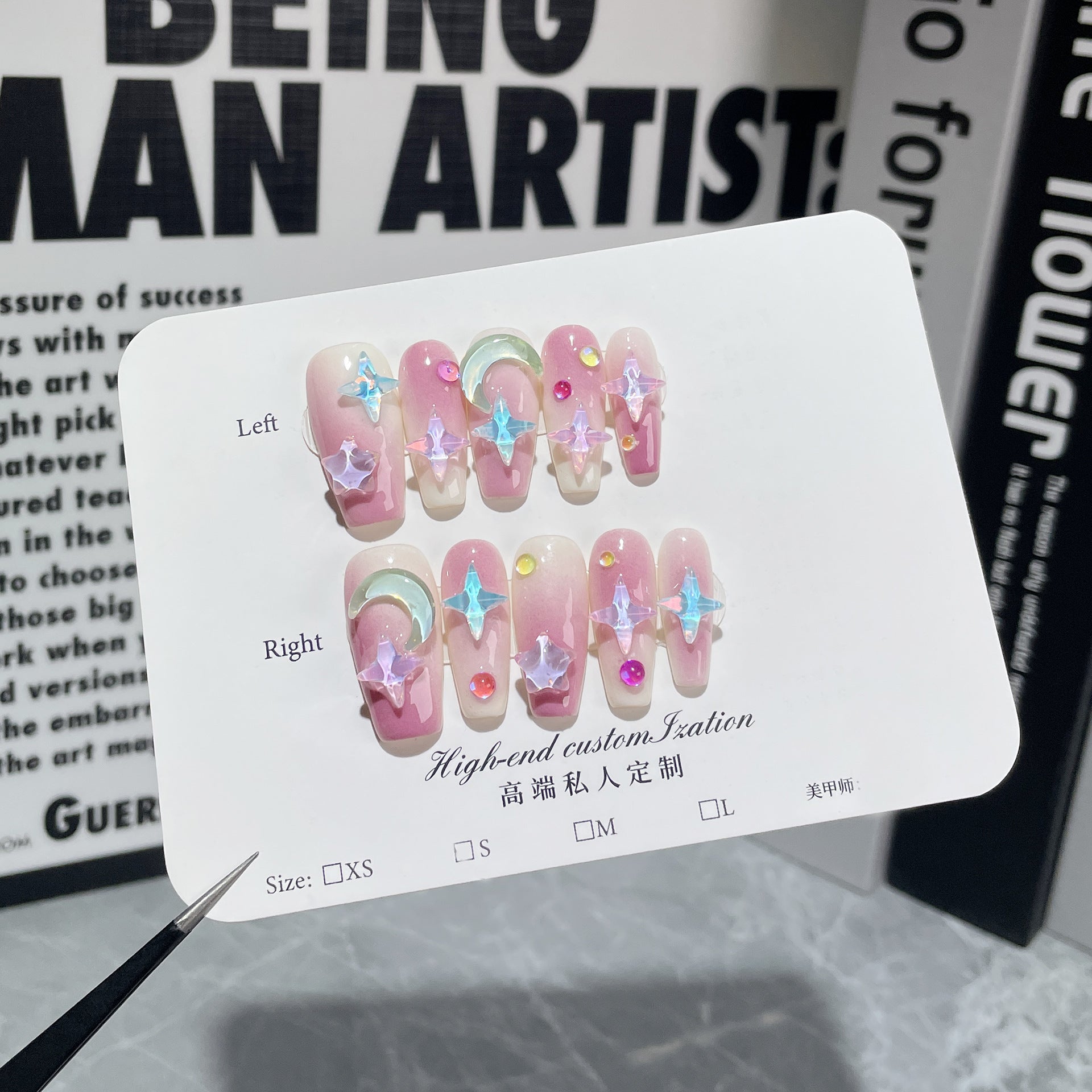 Parche para uñas hecho a mano con diseño de estrella, color moca transparente, para uñas medianas y largas, color morado ruborizado, para usar en uñas 365nails