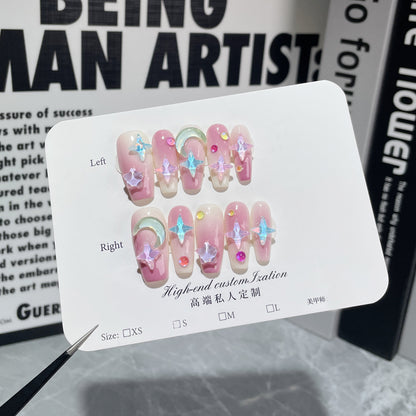 Adesivo de unha feito à mão, transparente, mocha, estrela, médio e longo, blush roxo, adesivo de unha usável ｜ 365nails