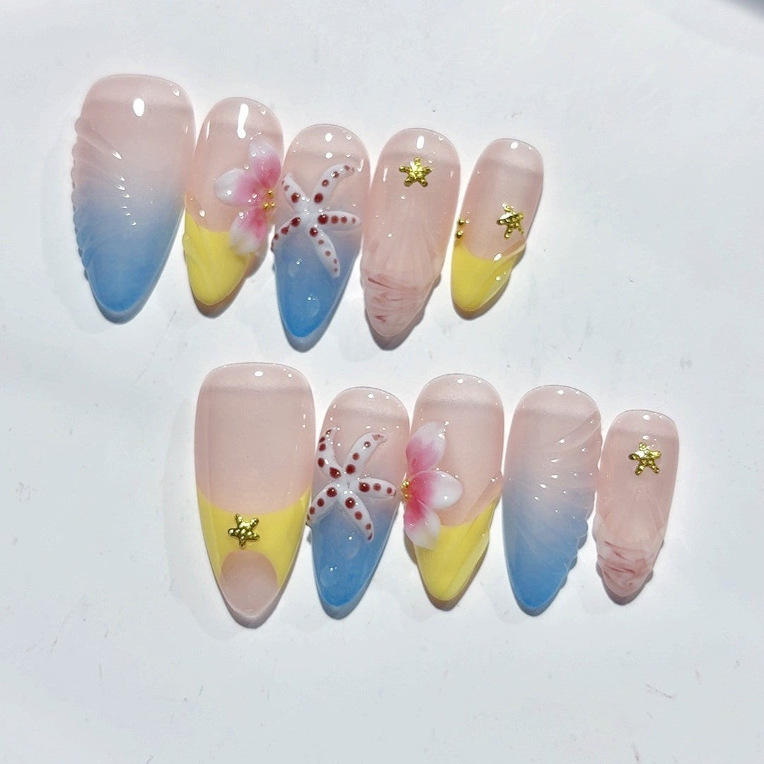 365nails：「海灘海星與雞蛋花」– 中長款杏仁形海洋花卉手工製穿戴甲