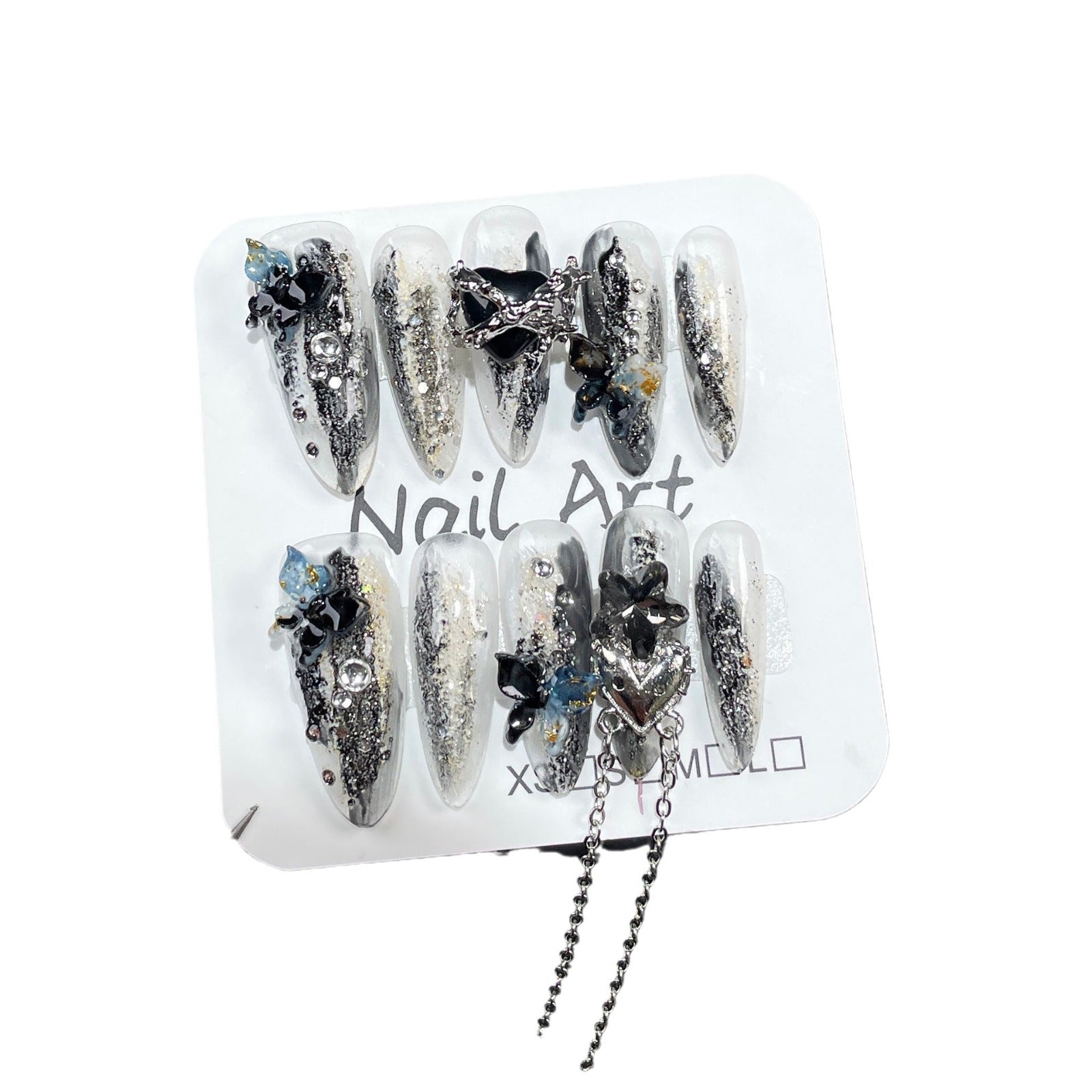 Uñas postizas hechas a mano, diseño de Sweet Cool Spice Girl, parches medianos y largos con diseño de mariposa irregularmente manchado | 365nails