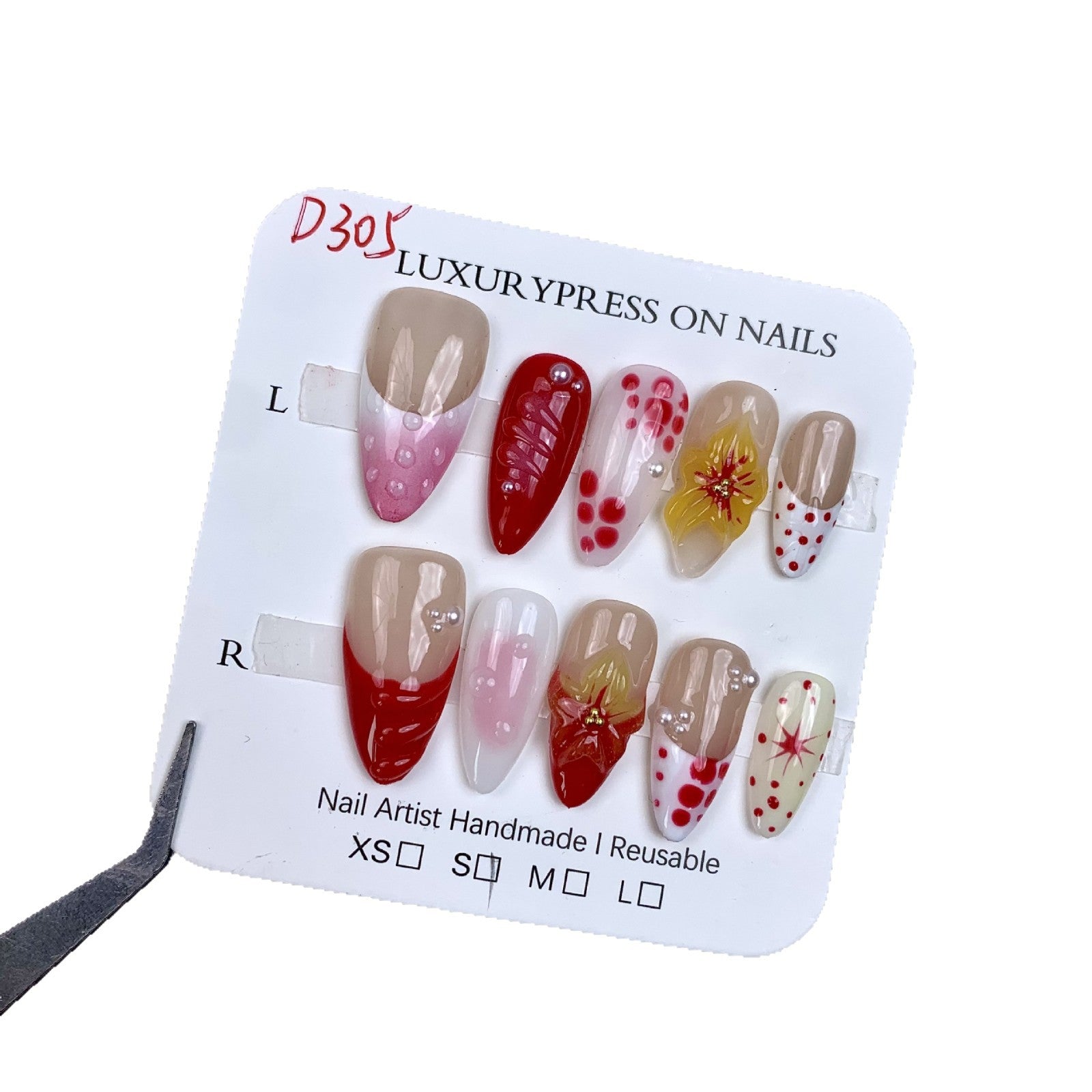 365nails：草莓花漾 — 中長款杏仁形 紅黃水果花卉 手工製穿戴甲