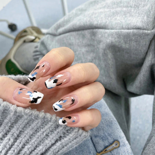 Simple cream blue and white color matching Press on  finished fake nail   nail  removable nail piece｜365nails