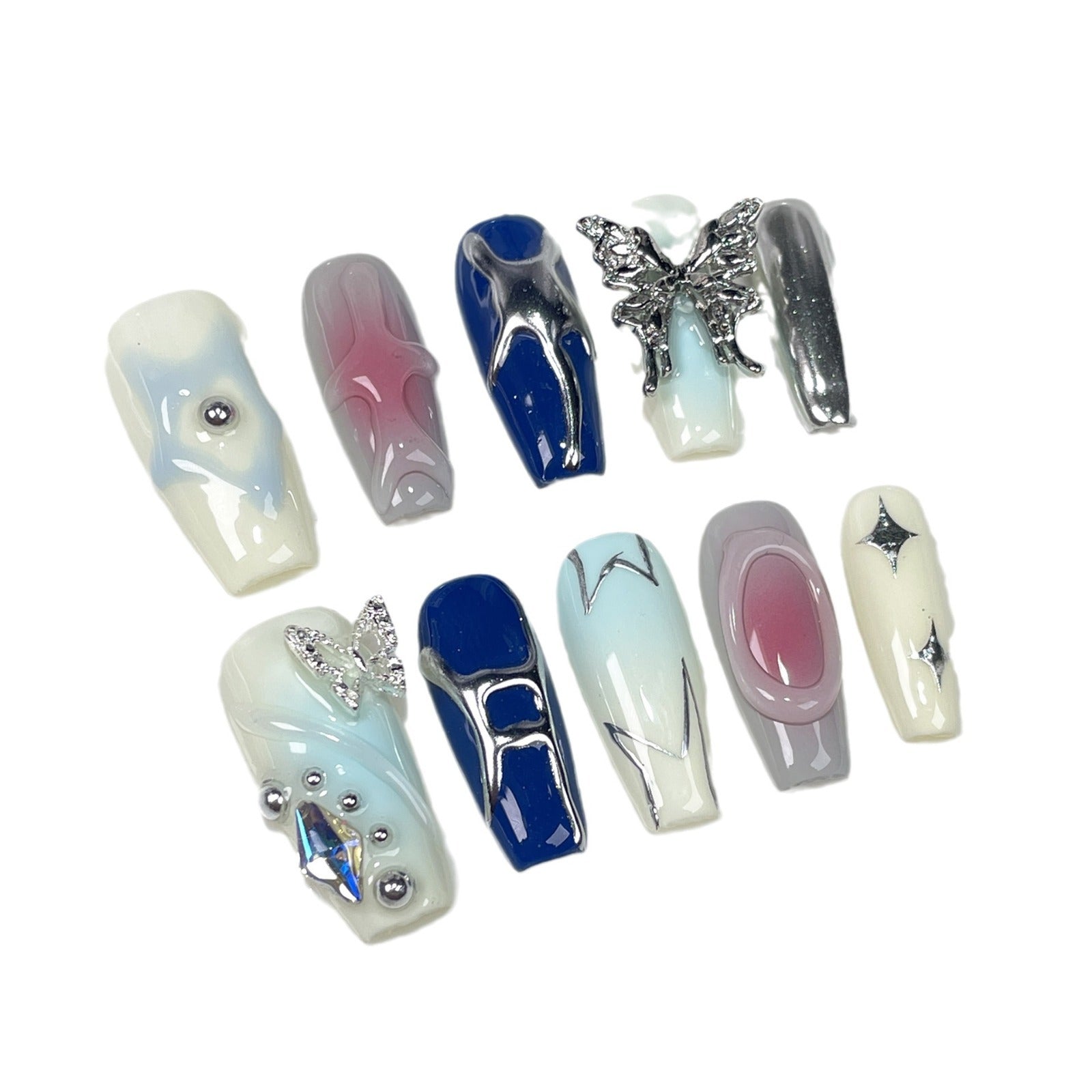 Y2K Multicolor Gradient Nails with Chrome Butterfly Accents